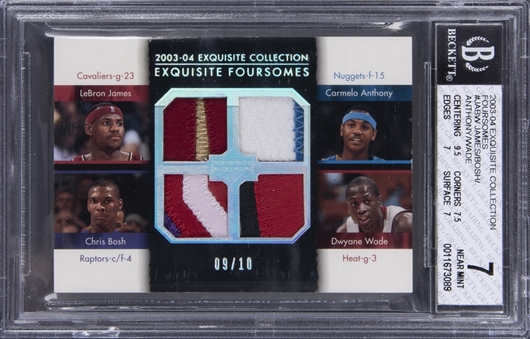 2003-04 UD "Exquisite Collection" Foursomes #JABW LeBron James, Dwyane Wade, Carmelo Anthony, Chris Bosh Patch Rookie Card (#09/10) - BGS NM 7